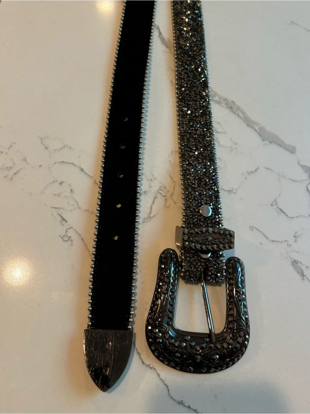 Y2K Genuine Leather Suede and Silver Mixed Metal Bling Belt Womens Small Heavy